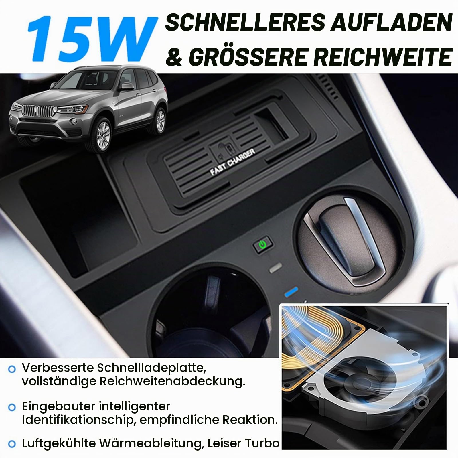 Kabelloses Ladegerät für BMW X3/X4 2014 2015 2016 2017 Zubehör, OEM-Stil Schnellladendes Handy-Ladegerät für BMW X3 X4 F25 F26 2014-2017 Mittelkonsolen-Innenraum-Autoinnenraum