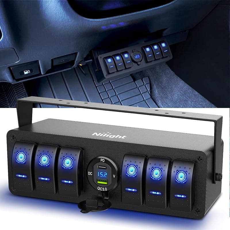 Caixa com 6 Interruptores Rocker Nilight 12 V SPST ON-OFF com USB-C PD, USB QC3.0 e Voltímetro – 1 conjunto