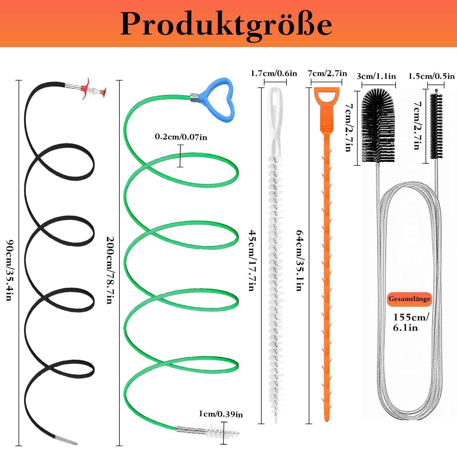 7 Stück Abflussreiniger Spirale,Flexibel Krallengreifer,Doppelkopf-Rohrreinigungsbürste,Bruchsicherer Stahl-Abflussreiniger,Geeignet für Badewannen,Waschbecken,Küchen,Badezimmer und Toiletten