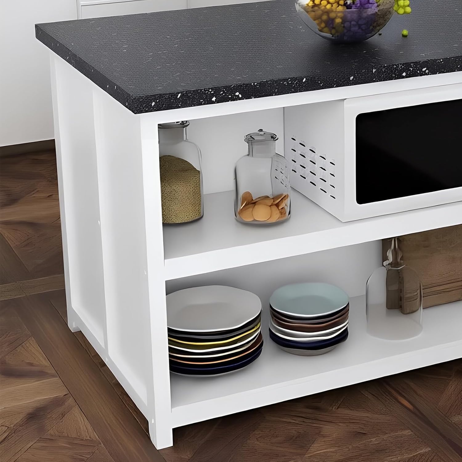 Storage Trolley White Wood Kitchen Island with Stone Countertop and Open Storage Shelves Shelving Organizer