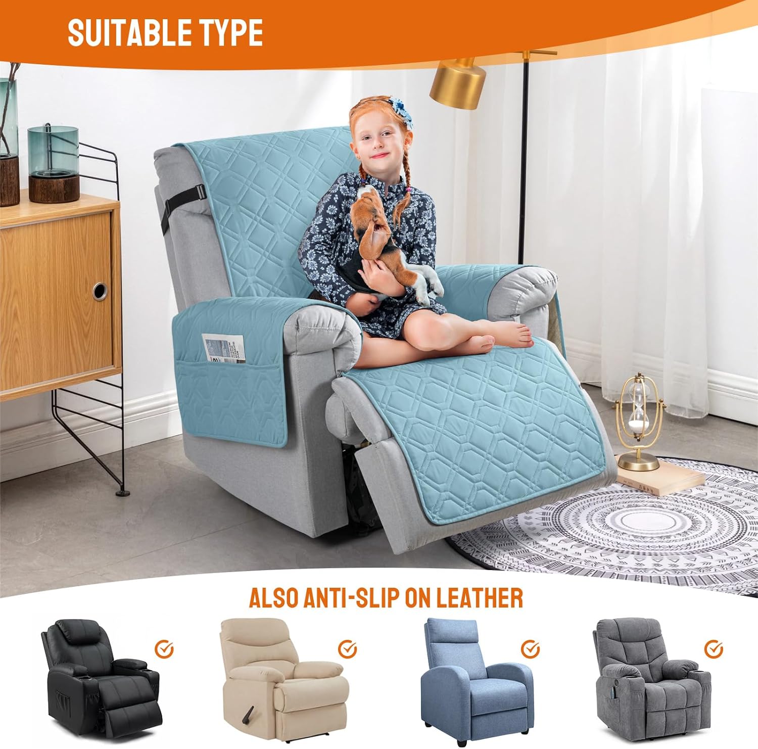 VANSOFY 100% Waterproof Recliner Chair Covers, Recliner Cover Non-Slip Dog Chair Cover Furniture Protector Washable Slipcover with Pocket, Elastic Straps for Pets, Dogs(Azuree, 23.6)