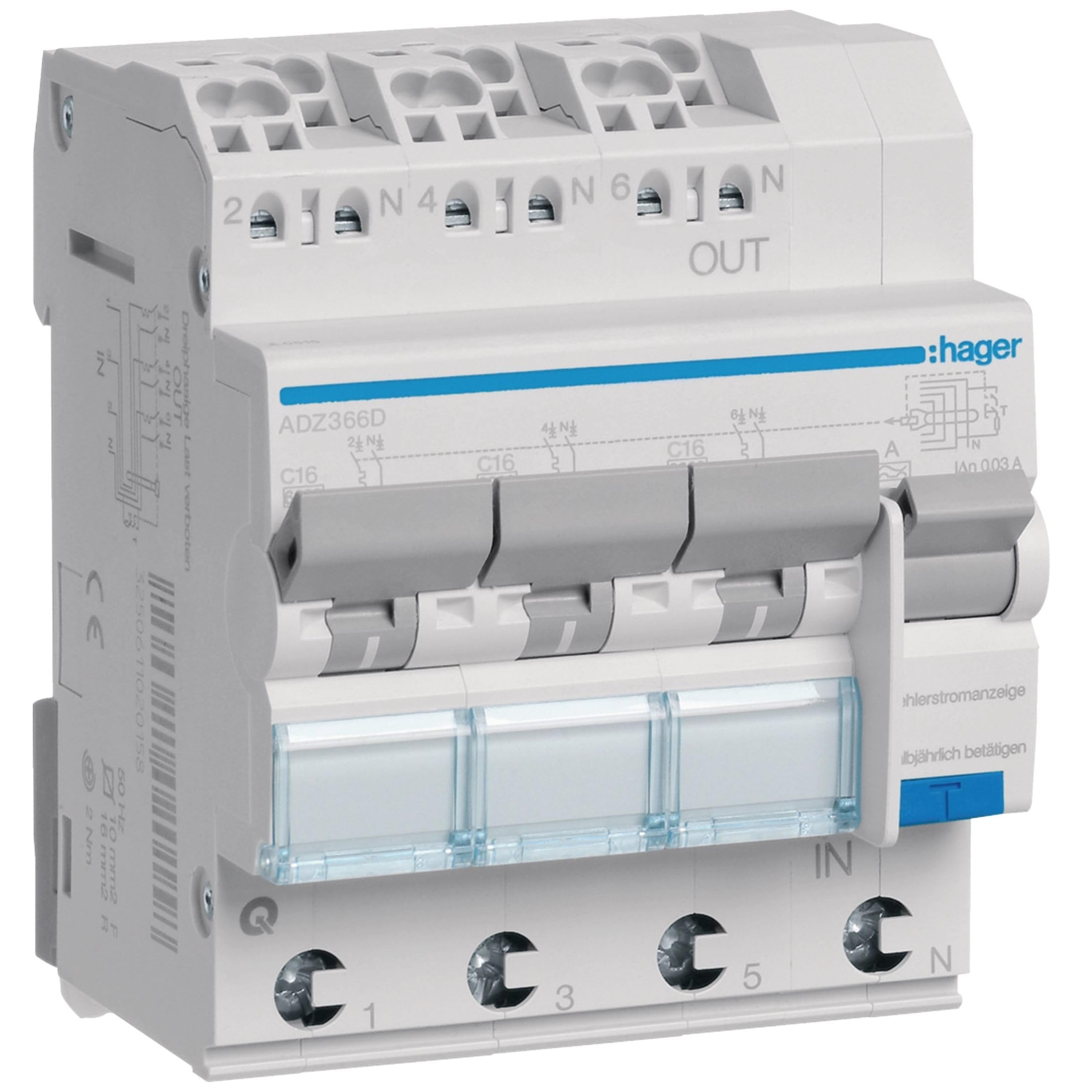 Hager – Fi/LS Switch 3 x 1P + N 6 KA adz366d