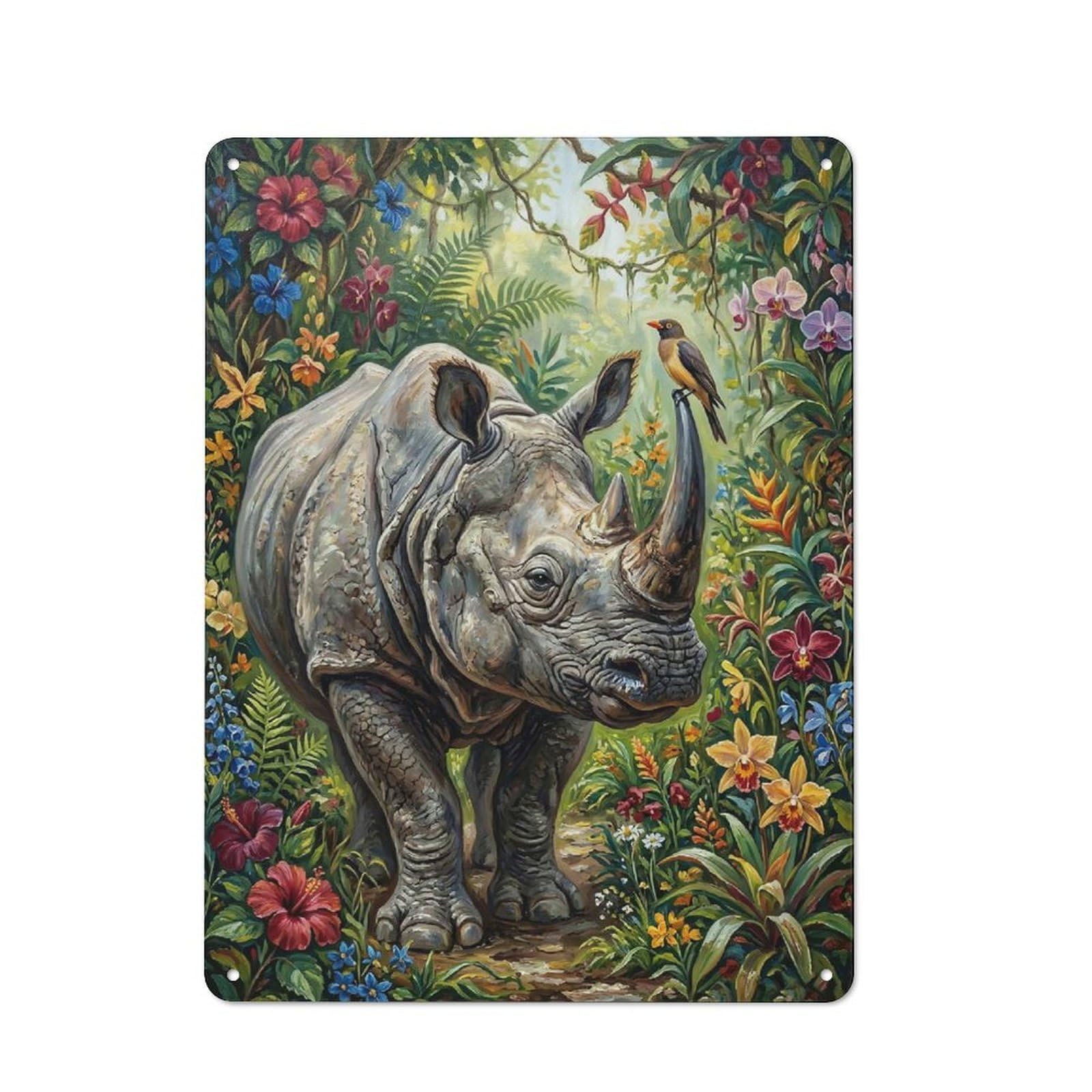 Garage Style Rhinoceros with Bird in Jungle Decorative Metal Plaque 40x30cm, Garage Wall Decor for Workshop, Basement, Shed Or Games Room