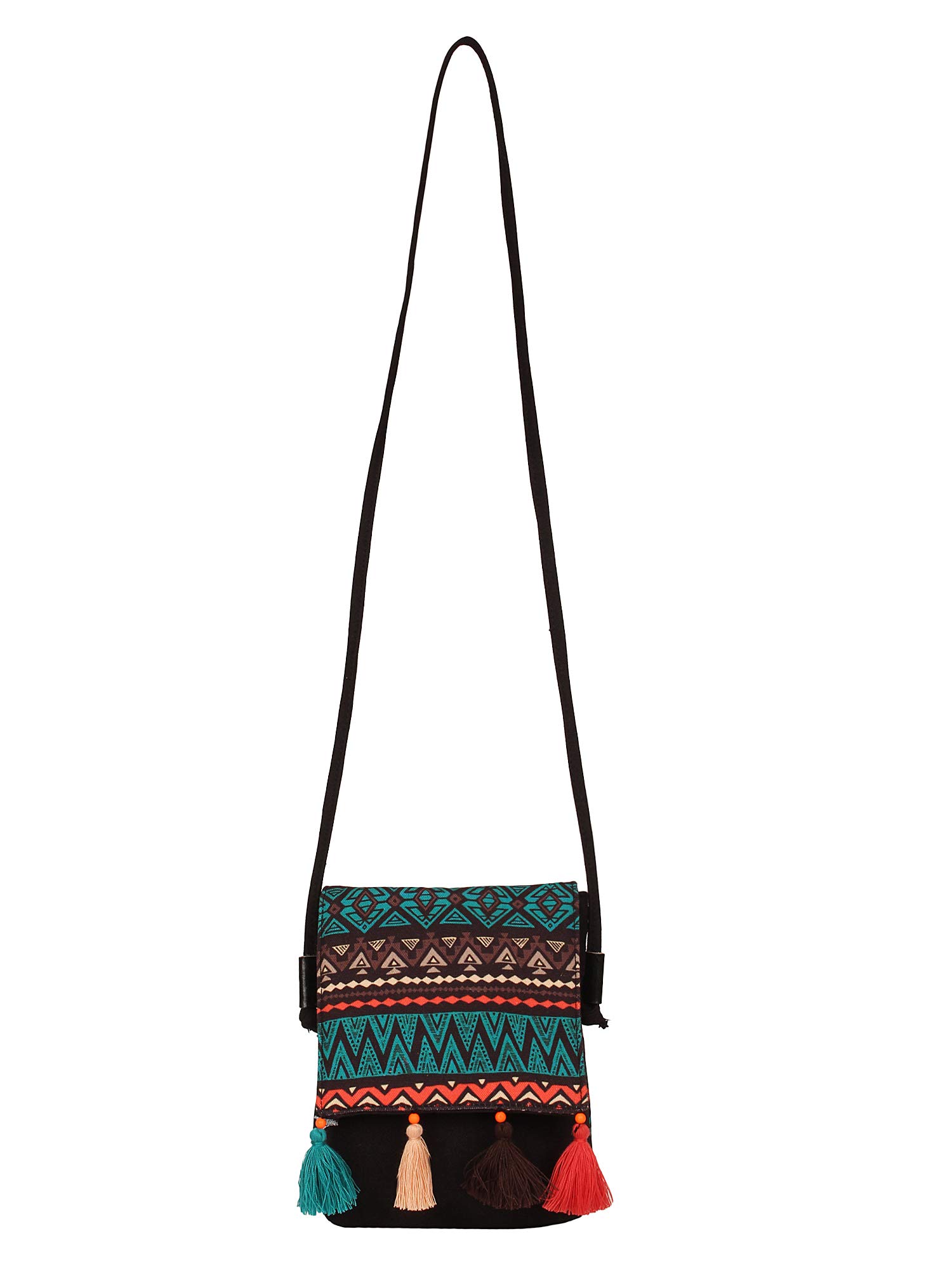 Anekaant Women's Geomat Digital Printed Cotton Canvas Sling Bag (Black, Green and Multicolor) 3