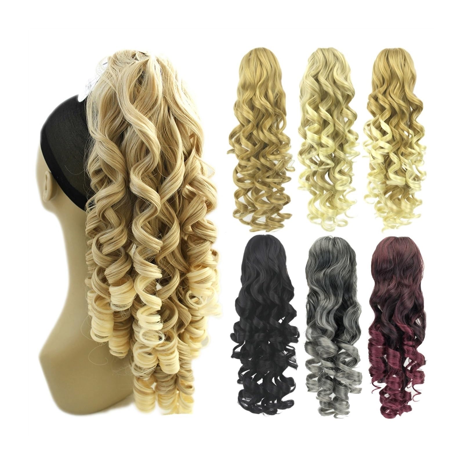Extension de Queue de Cheval Extensions de Cheveux synthétiques Queue de Cheval 60cm de Long, Noir, Blond, bouclé, avec Griffe, Queue de Cheval Queue de Cheval de Vrais Cheveux(27613)