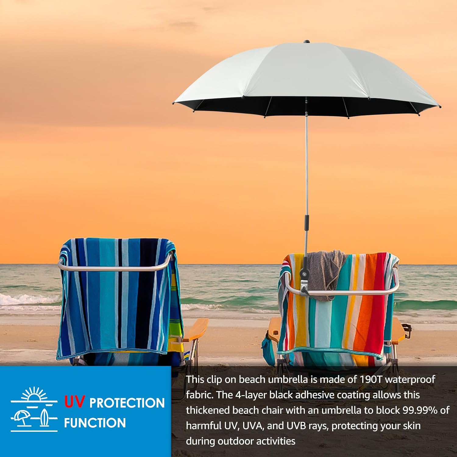 42 Inch Beach Umbrella with Universal Clamp, 360 Adjustable Shade Umbrella, Portable Outdoor Sunshade for Beach, Camping, Wheelchair