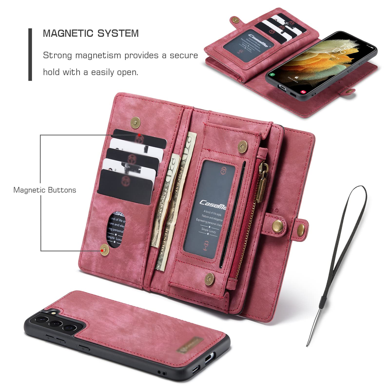 Etui do Samsung Galaxy S22/S22 Plus/S22 Ultra, etui ze skóry PU magnetyczne z klapką, zdejmowany pasek magnetyczny, zamek błyskawiczny, etui na karty, etui na telefon, czerwony, S22 6,1 cala