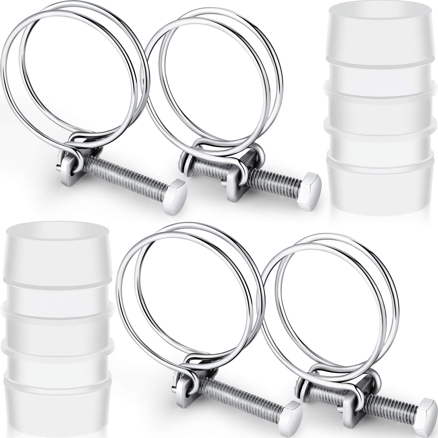 Hotop 4 Pieces Double Wire Hose Clips Adjustable Stainless Steel Hose Clamps with 2 Pieces Inline Pond Hose Jointer (25 mm/ 1 inch)