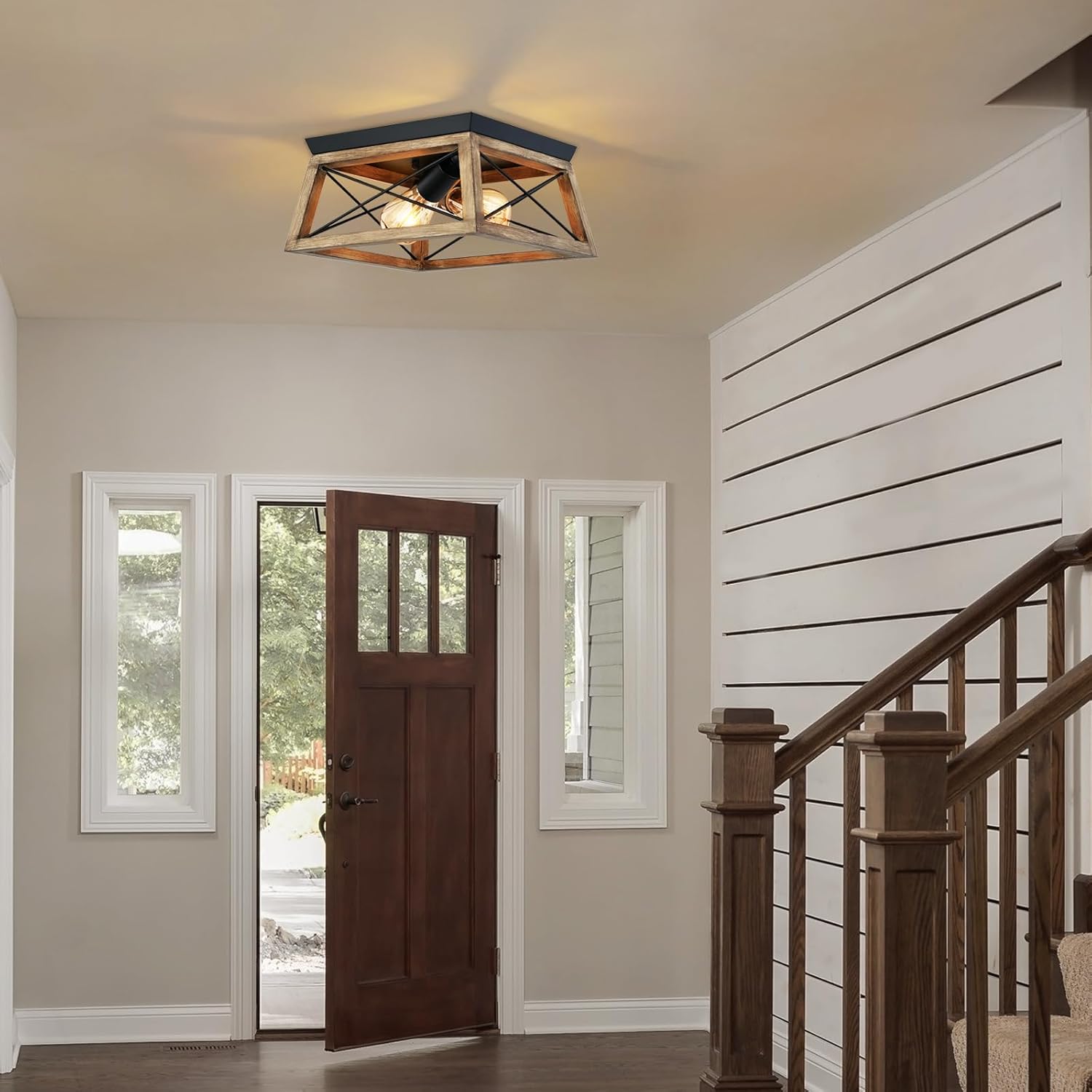 9MMML Wood Flush Mount Ceiling Light - 12'' Farmhouse 2-Light Ceiling Light Fixture for Living Room Dining Room Bedroom Entryway Kitchen Hallway, E26 Base (MA5011C2WDBK)