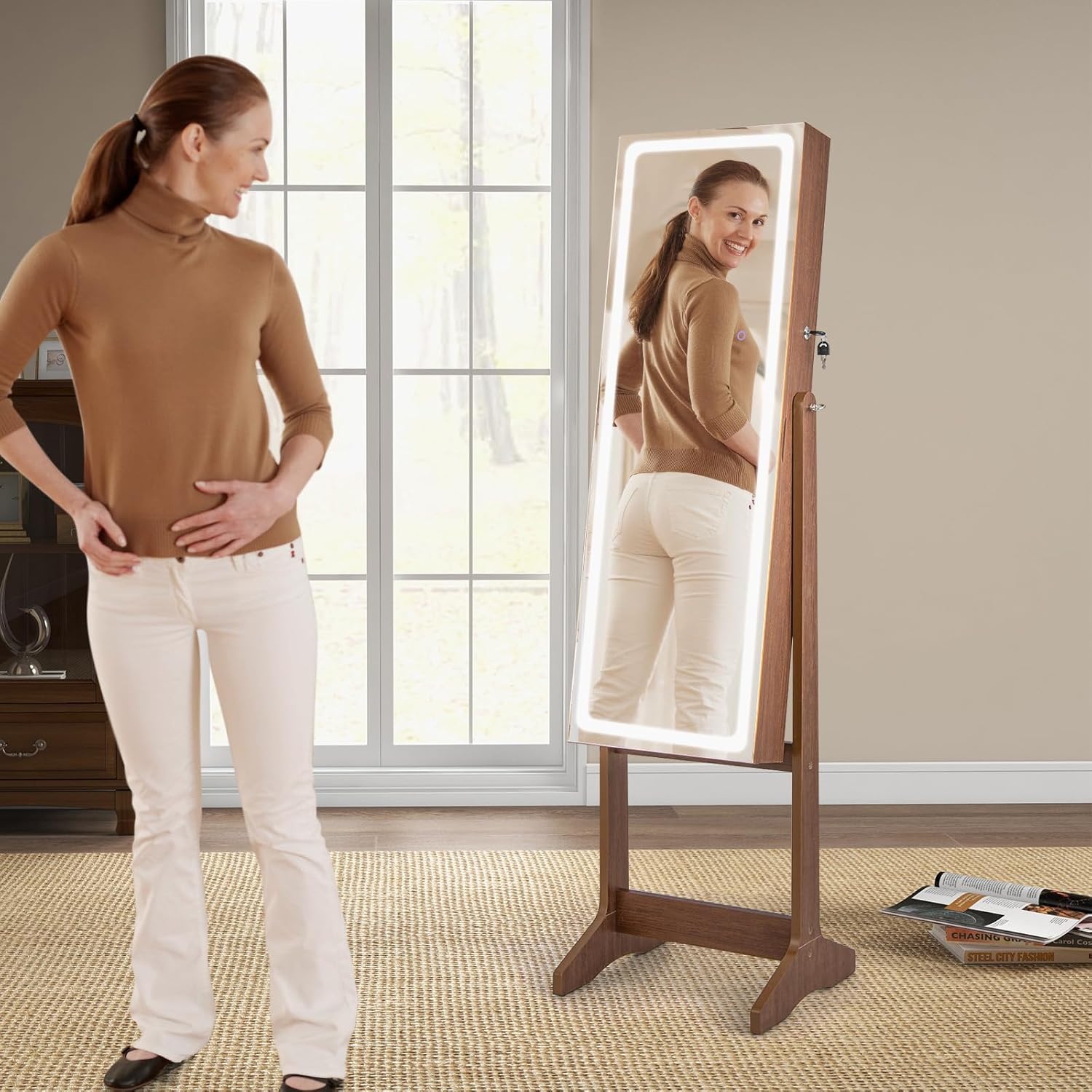 CHARMAID LED Mirror Jewelry Cabinet - Lockable Jewelry Armoire with Touch Screen Lighted Full Length Mirror, 3 Lighting Settings, Adjustable Brightness, Standing Jewelry Organizer Storage (Walnut)