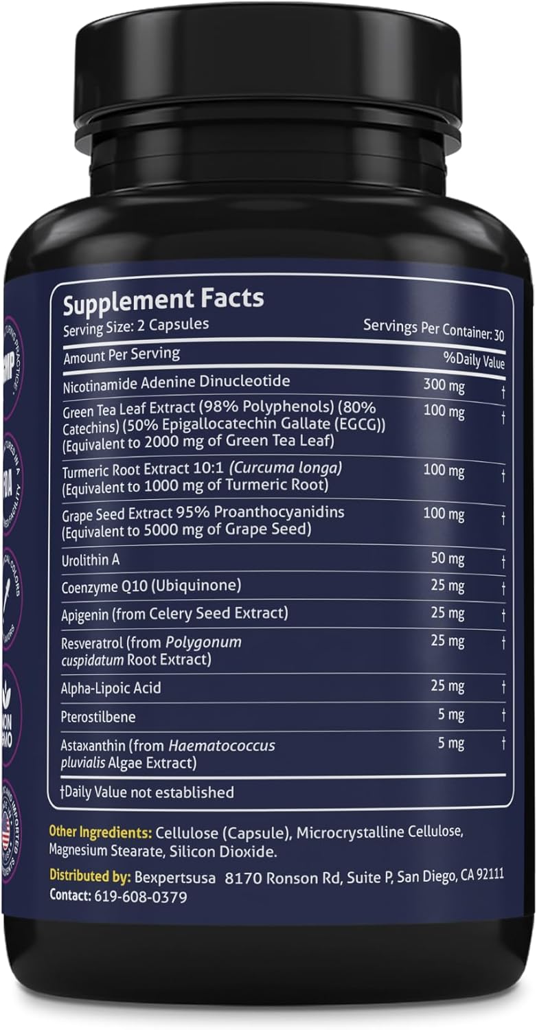 NAD+ Resveratrol Supplement – Longevity Formula with Nicotinamide Adenine Dinucleotide with CoQ10, Apigenin & Turmeric Anti-Ageing Formula for Men & Women – 60 Capsules