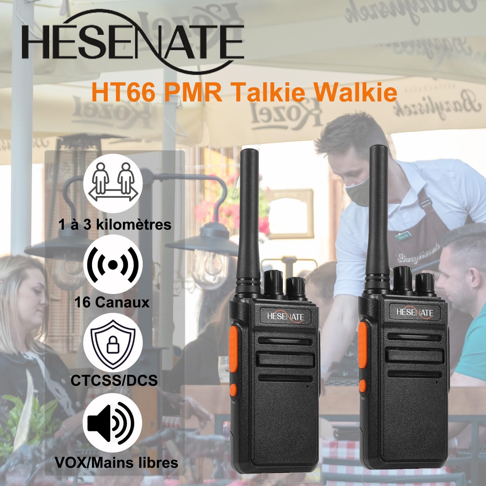 HESENATE HT66 Talkie-walkie PMR446 Radio sans Licence Radio Longue portée Talkie-walkie Professionnel 16 canaux Portable Woki Toki (Noir, Lot de 6) (avec Chargeur 6 emplacements)