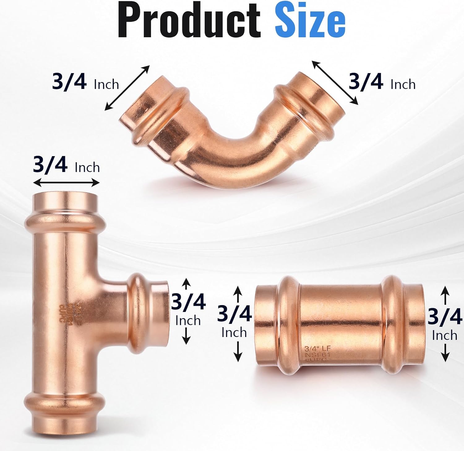(8-Pack YVSKM) 3/4 Inch Press Fittings Assortment Kit – 2 Tee + 3 Coupling + 3 Elbow with Stop, Zero Lead, Fits 3/4" Pipe Systems for Water Lines, Heating Loops, Repair & Upgrade Projects