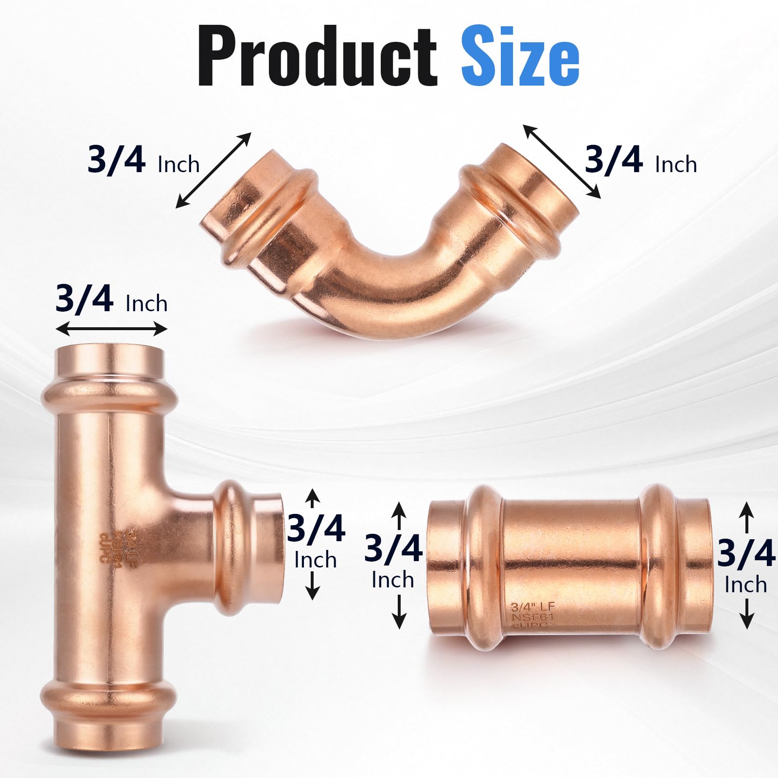 Kit surtido de accesorios de presión de 3/4 pulgadas (8 unidades) – 2 T + 3 acoplamientos + 3 codos, sin plomo, se adapta a sistemas de tuberías de 3/4 pulgadas para líneas de agua, bucles de