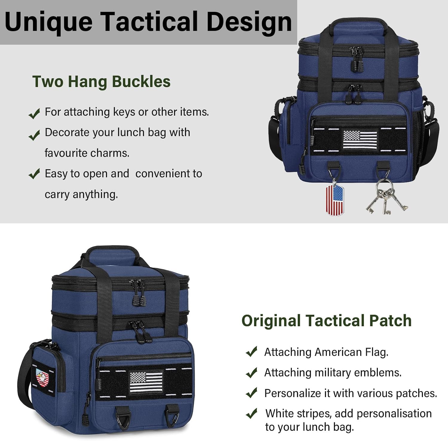TENKIST Tactical Insulated Lunch Box Men Double Deck Cooler Bag 15L Blue