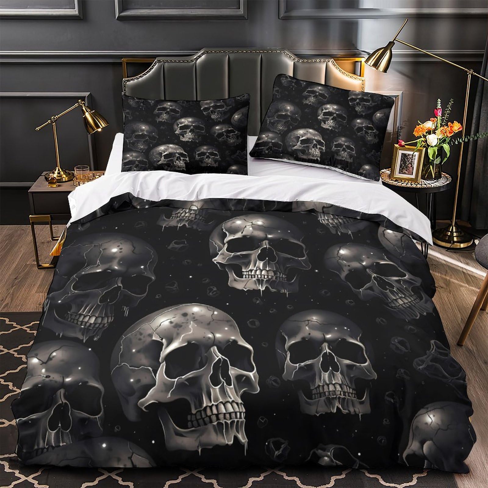 Gothic skullSet Di Copripiumino morbida Set di 3 Pezzi stampa 3D con cerniera Dark horror pattern copripiumino con federa traspirante ultra morbido e traspirante for bambini Super king（260x220cm）