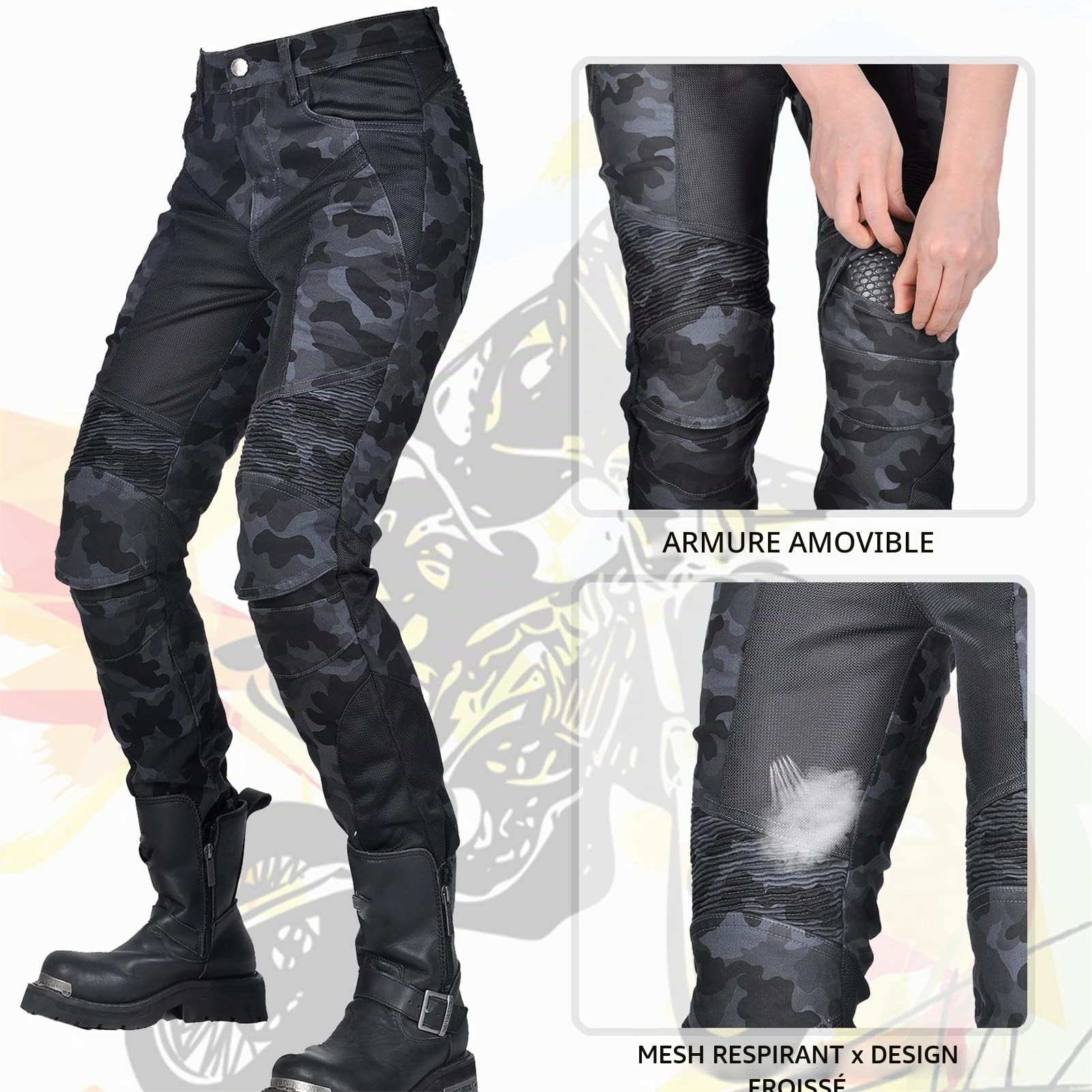 Jeans de moto pour femme Pantalon en denim camouflage avec maille respirante et protections amovibles pour les hanches et les genoux (Blue,S)