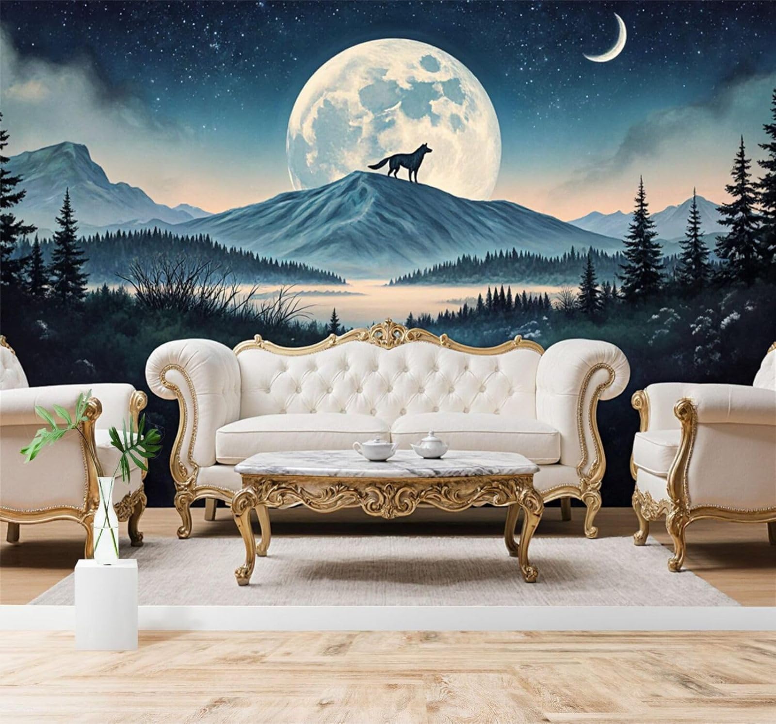 XLMING Wolf Starry Sky Moon Mountain Peaks Landscape 3D Wallpaper Silky Texture Home Study Office Grey Dining Room Sofa Bedroom Living Room TV Backdrop-430cm×300cm