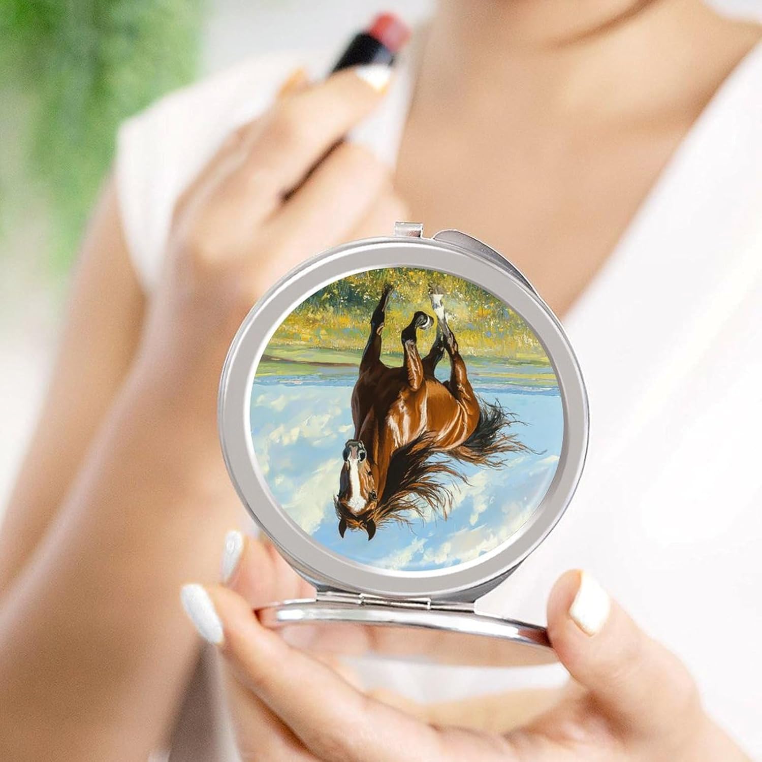 Beautiful Horse Pattern Compact Makeup Mirror Mini Foldable Cosmetic Mirror Portable Travel Mirror for Purse Pocket