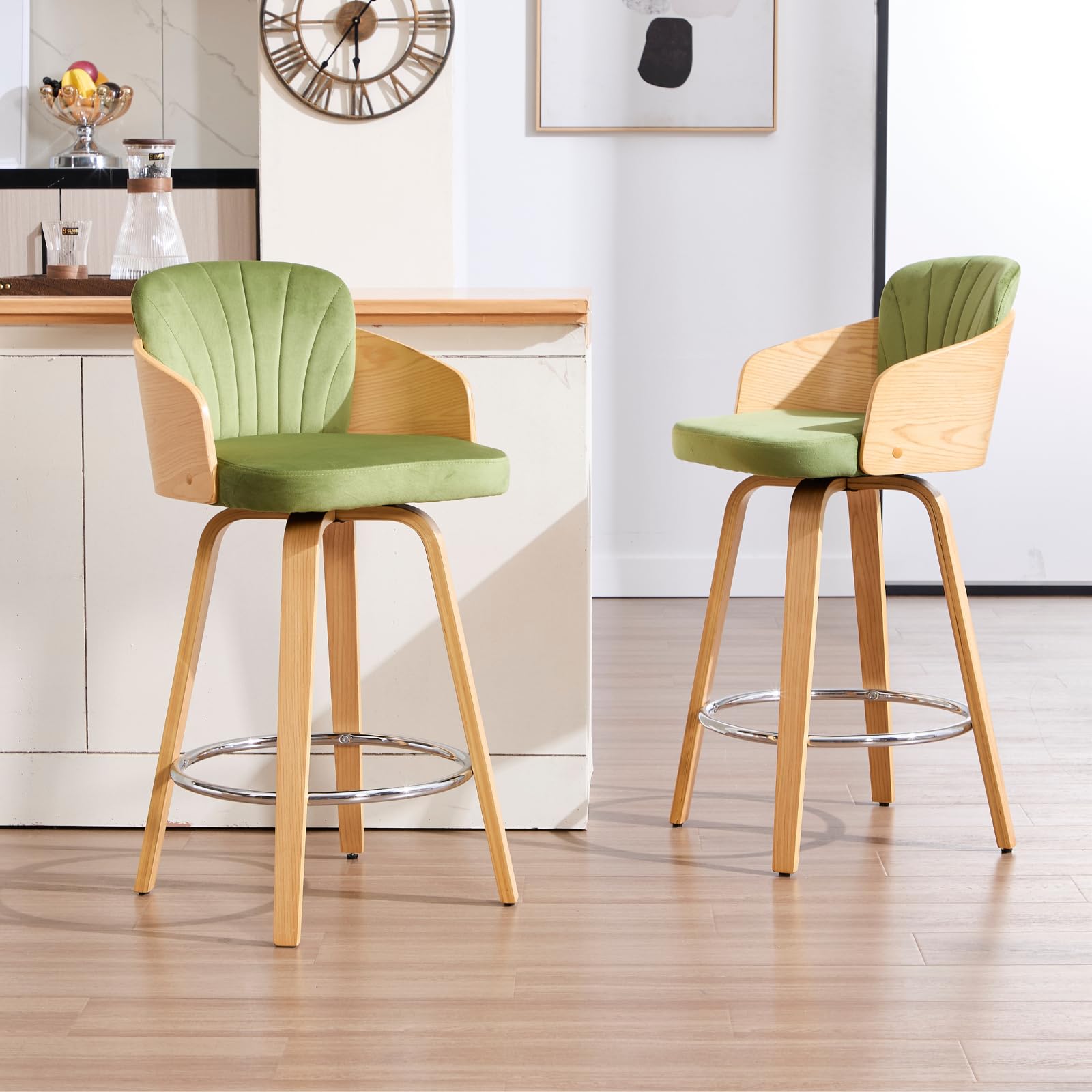 chairus Taburetes de Bar Madera Juego 2 de Taburetes Cocina Tapizados en Terciopelo, Taburetes de Mostrador Giratoria Natural Sillas Altas Bistro con Patas Madera para Hogar/Isla de Cocina, Verde