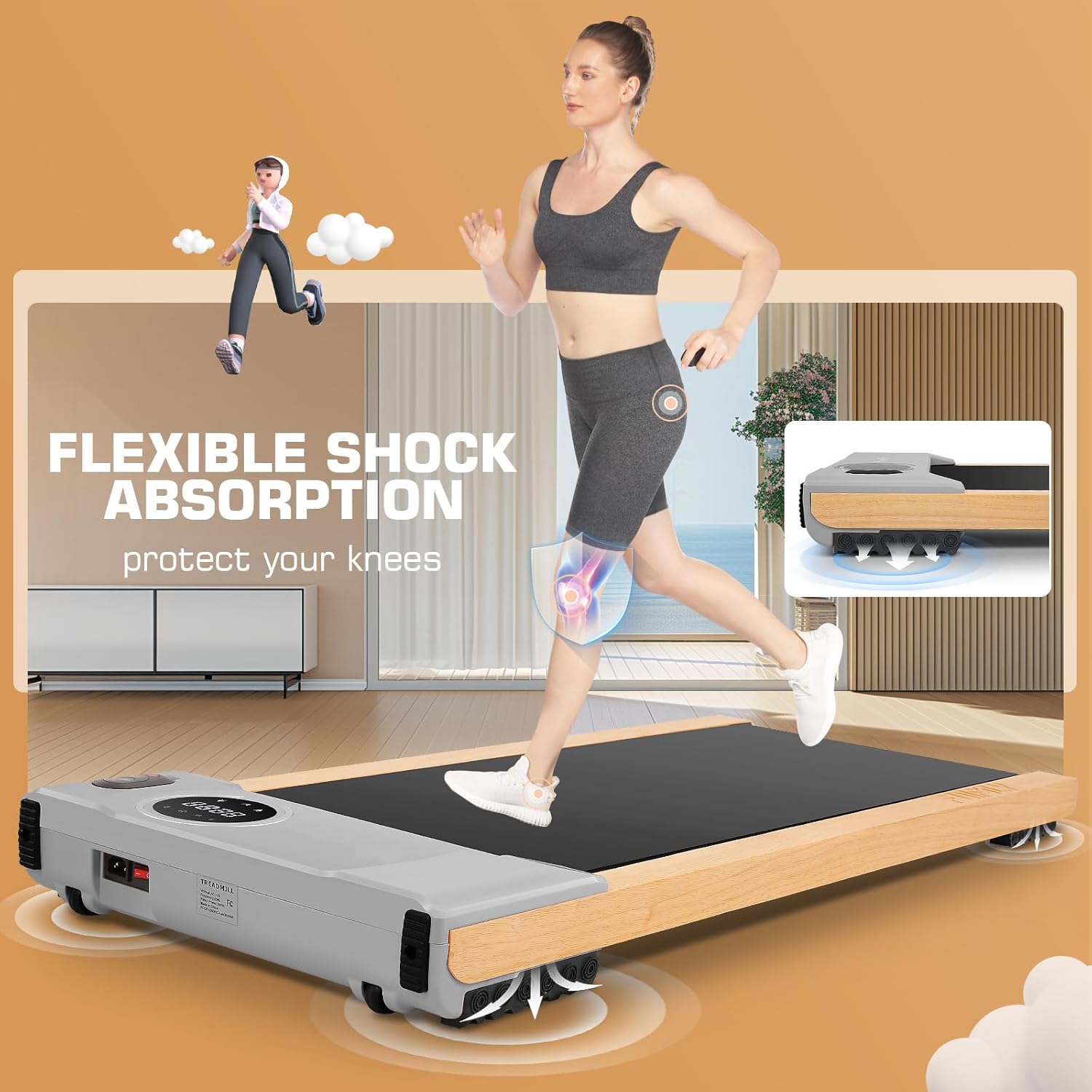 Image illustrating the flexible shock absorption system of the treadmill, with a graphic showing impact reduction on knees.