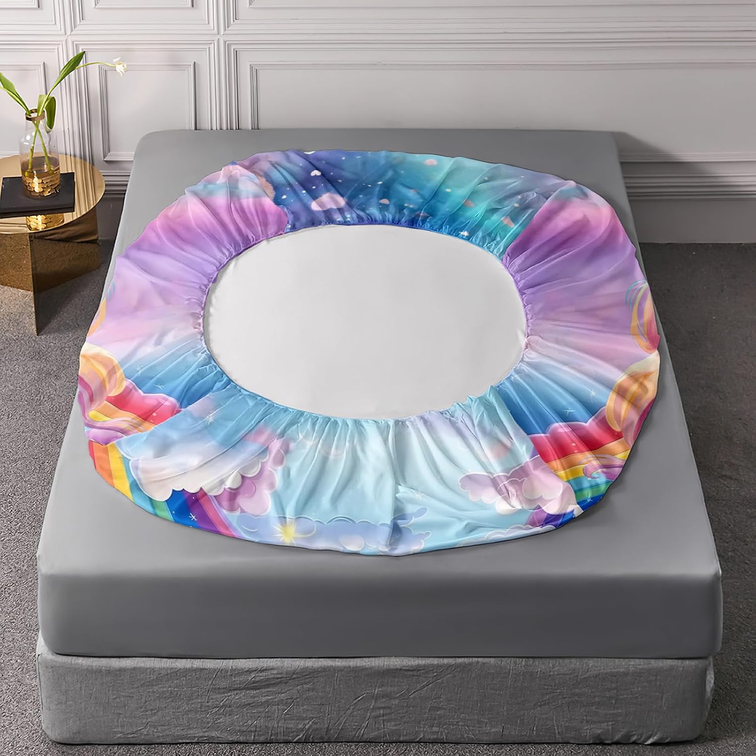 Pink Blue Unicorn Sheet Queen 4Pcs Kids Clouds Rainbow Flower Sheet Boys Girls Bedding Set Cute Printed Fantasy Room Decor Bed Set with 1 Flat Sheet and 1 Fitted Sheet+2 Pillowcases