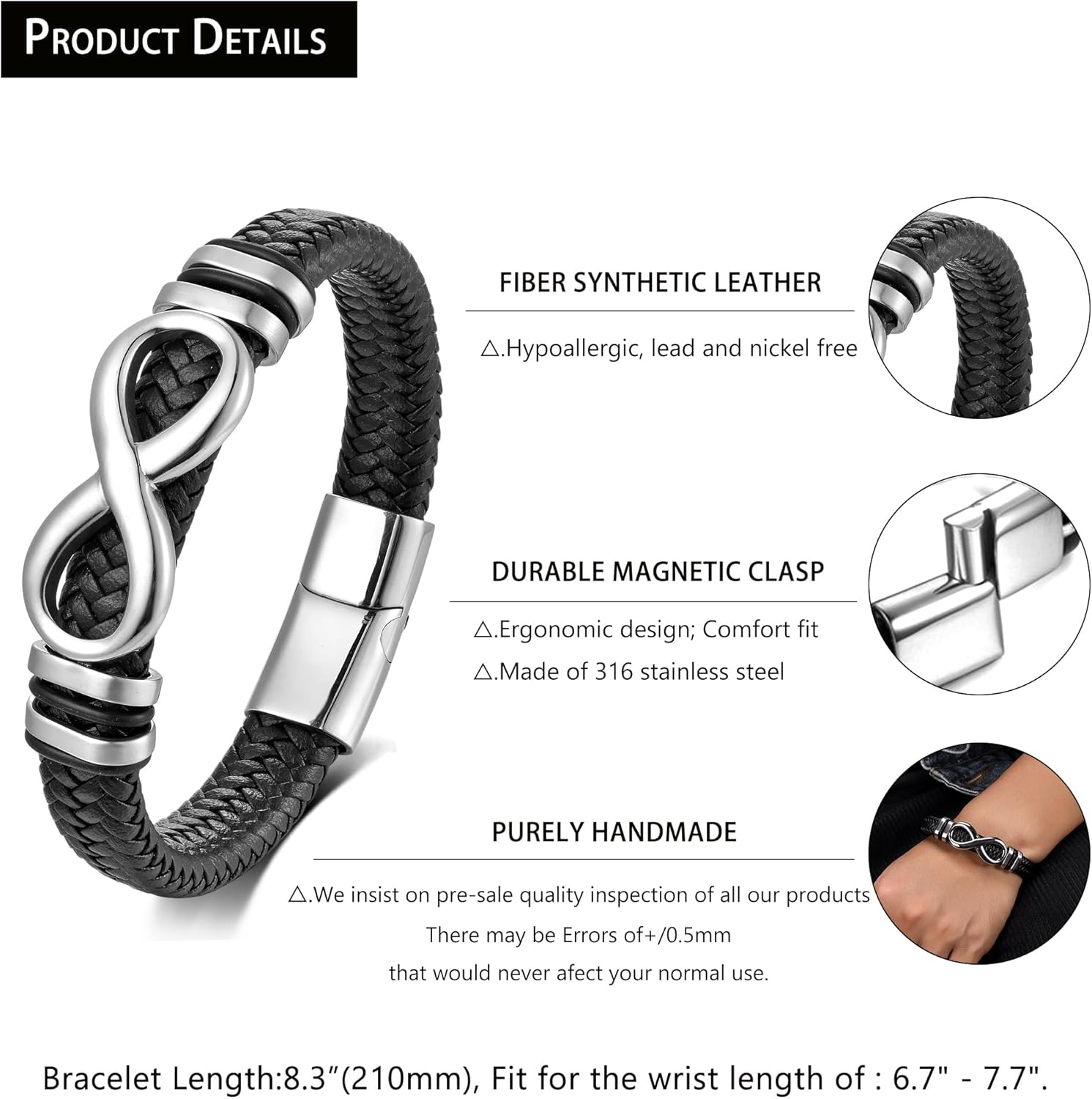 Men's Leather Infinity Bracelet Stainless Steel Number 8 Wristband Cuff Bangle Bracelets Gifts for Men, 8.3 & 9.1 inches - Image 5