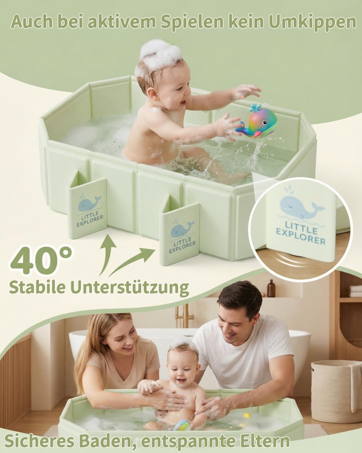 Faltbare Babybadewanne für Babys & Kleinkinder von 0–6 Jahren, Klappbare Kinderbadewanne für Bad & Dusche, Mit 4 Stabilen Standfüßen und Ablauf, Platzsparend & Leicht (Grün)