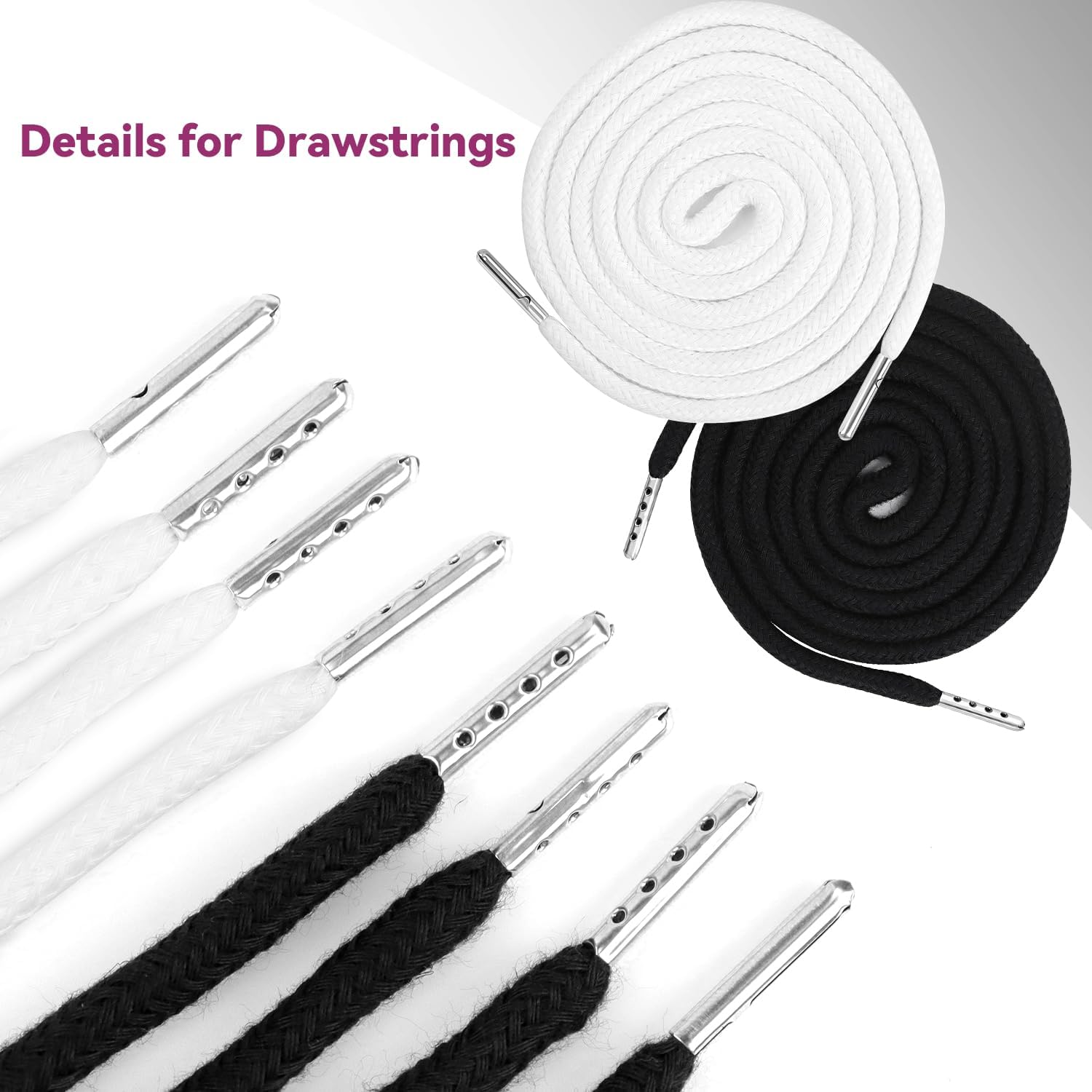 4Pcs Drawstring Cords with 1 Threader Tool, 51 Inch Replacement Drawstring for Sweatpants Jackets Swim Trunks Pants Shorts Hoodies (2 Black, 2 White, 51 inches)