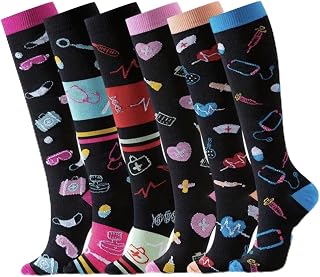 Women's Nurse Print Compression Knee High Socks 6 Pairs | Sports & Yoga Use, Long Knee High Length, Colorful Patterns, 6 Unique Designs, Women's Fit