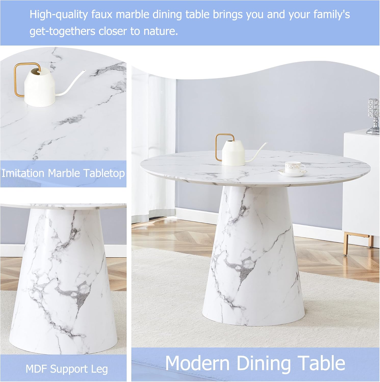 White Round Dining Table for 4-6,45" Round Kitchen Table,Faux Marble Round Dinner Table,Modern Dining Table with Pedestal Base for Apartment Dining Room