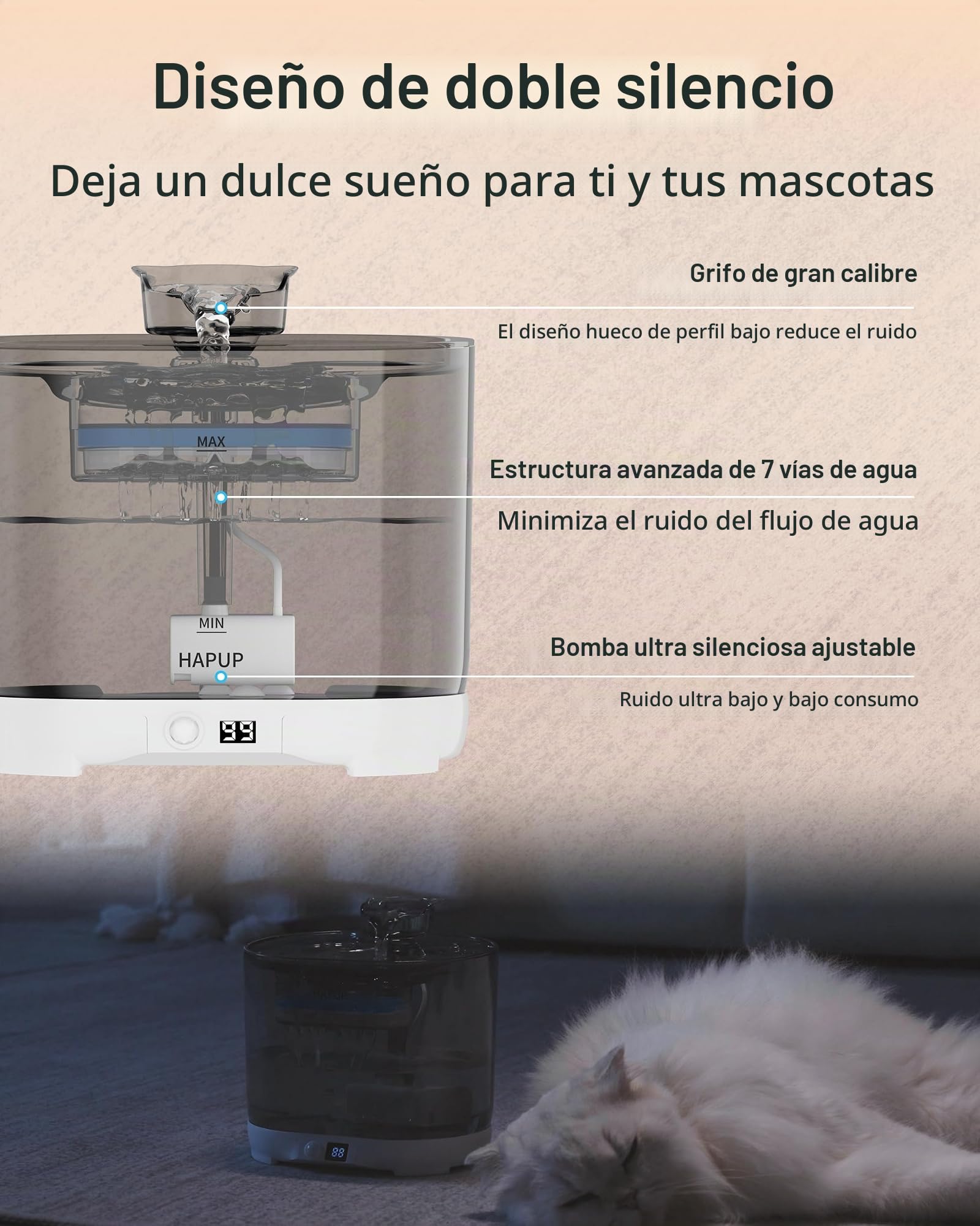 HAPUP Fuente de agua para Gatos sin Cable, 2,2L - Bebedero Automatico con Sensor de Movimiento, Pilas de 5000 mAh, Bomba Silenciosa y Filtro