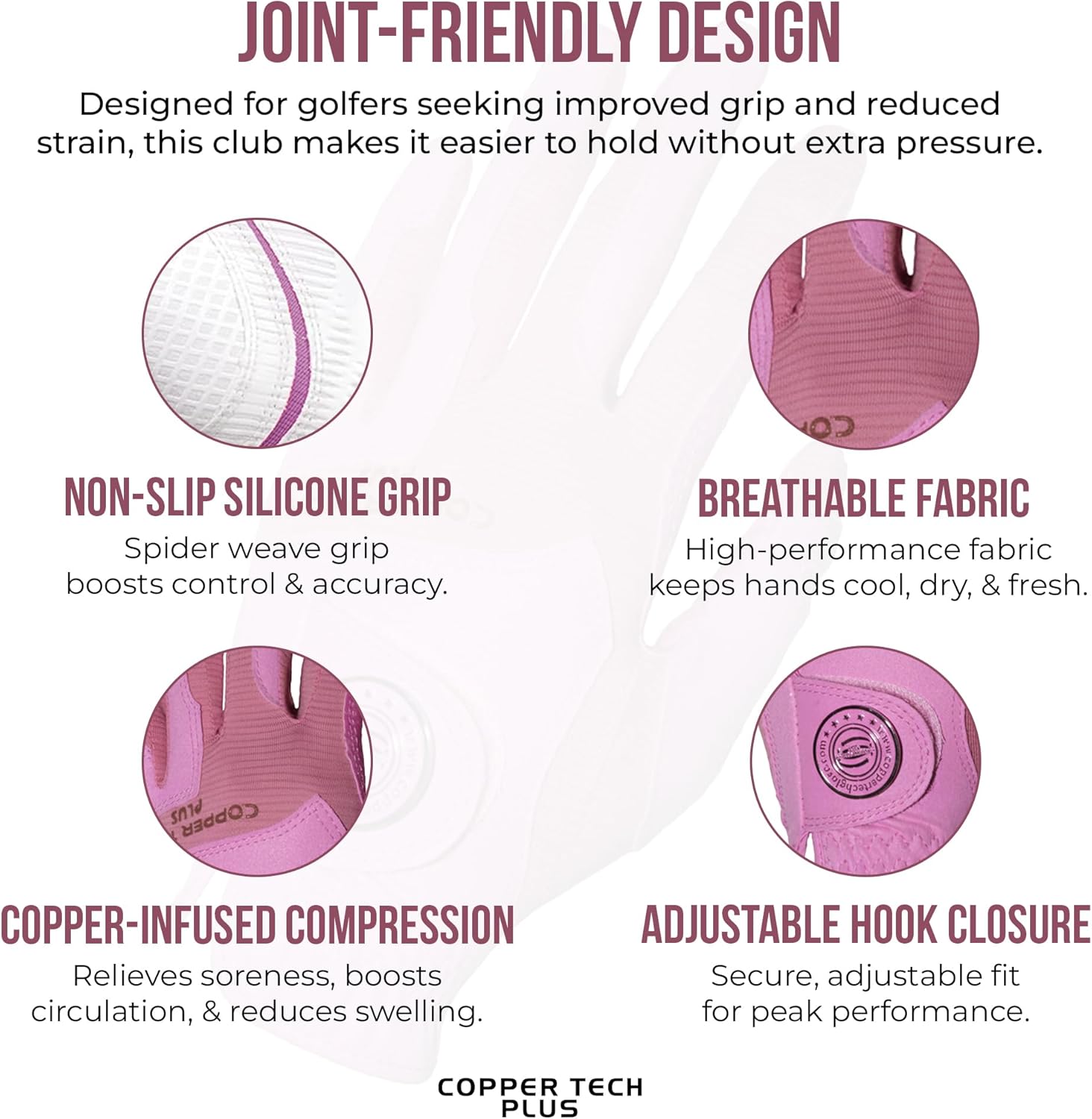 Women’s Golf Glove – Copper Infusion for Muscle Stiffness & Soreness, Compression Fit, Non-Slip Silicon Grip, Sweat-Wicking, USGA Approved – Left Hand, Pink/Pink
