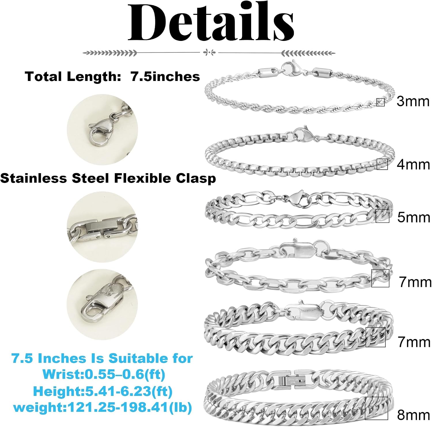 XIANNVXI 6pcs Bracelets for Men Gifts for Him Stainless Steel Bracelet Silver/Gold/Black Cuban Link Rope Paperclip Chain Bracelets Set 6.5/7/7.5/8.3/9 Inches Metal Bracelet Mens Fashion Accessories Jewelry Gifts Set thumbnail