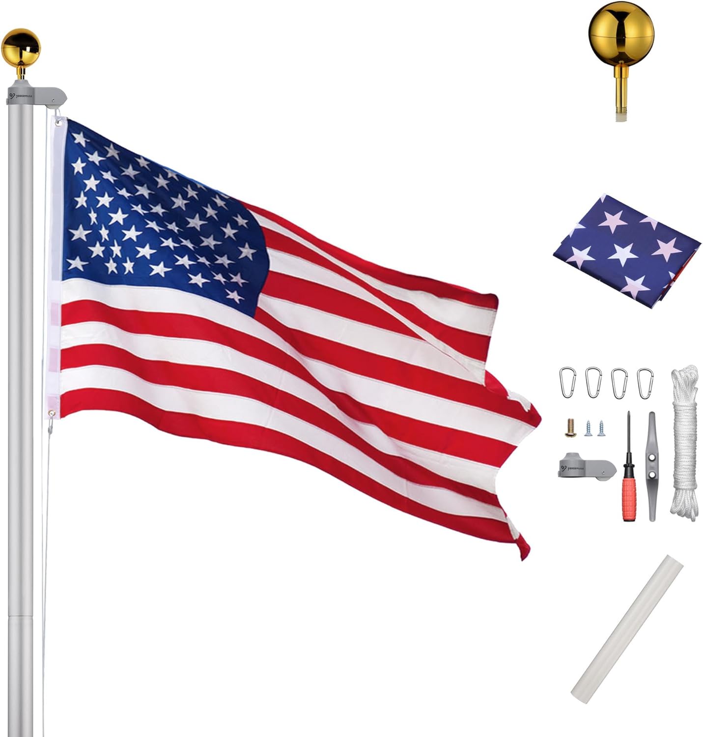 YesHom 20ft Aluminum Sectional Flag Pole Kit Inground Flagpole Outside House 3'x5' US American Flag Gold Ball Set Hardware for Outdoor Residential Yard Commercial