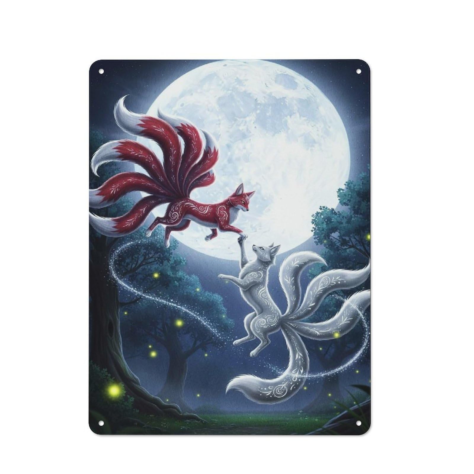 Junmoney Style-12 Nine-Tailed Foxes Moonlight Metal Gift Sign 40X30cm, Decorative Room Wall Plaque For Bedroom, Kitchen, Office Or Living Room