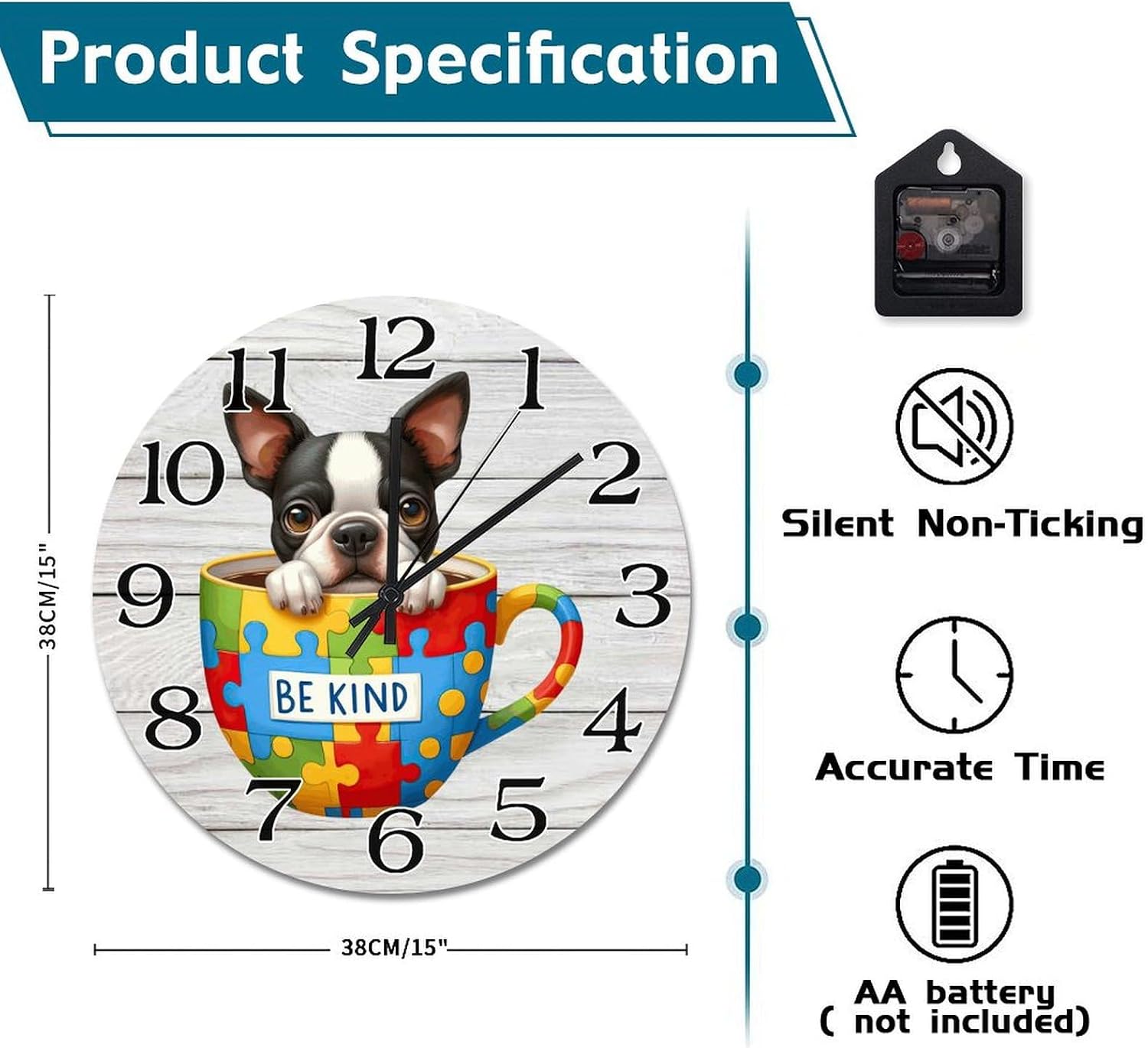 Boston Terrier Dog Be Kind Autism Awareness Farmhouse Vintage Round Wooden Wall Clock 15in Silent Non-Ticking Battery Operated Wood Clock for Living Room Office Home Decor Housewarming Gift