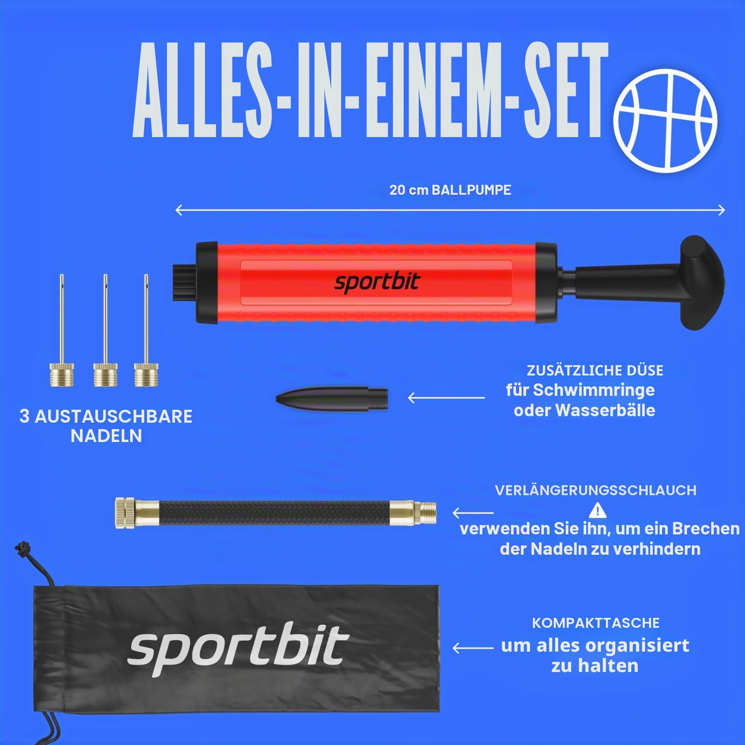 SPORTBIT Ballpumpe für Sportbälle – Basketballpumpe für Sportbälle – Fußball- & Volleyballpumpe, Basketball, Schwimm-Inflatables – Handluftpumpe mit 3 Nadeln, Düse, Verlängerungsschlauch, Tasche