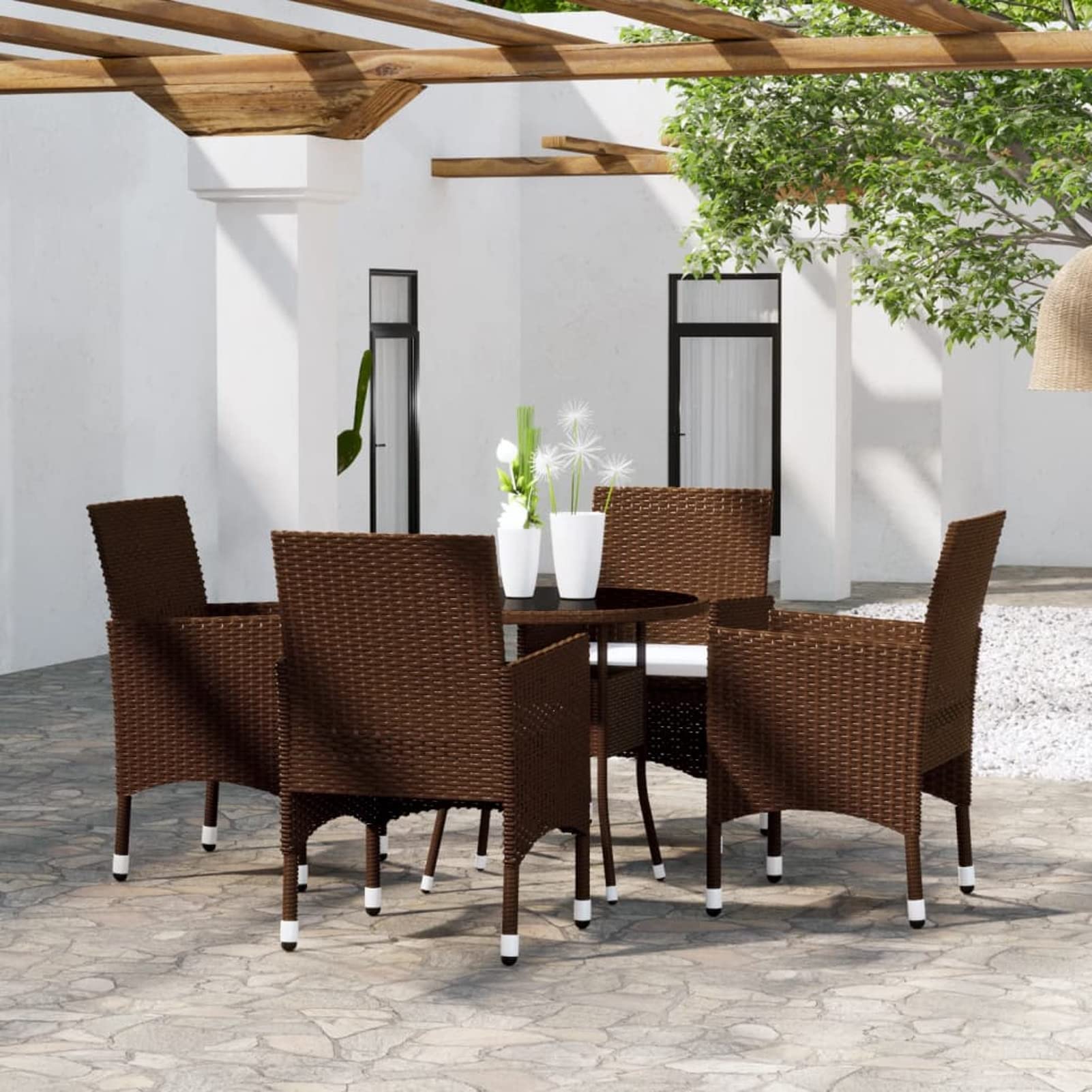 Juego de mesa de comedor con sillas de exterior de poli ratán marrón para jardín