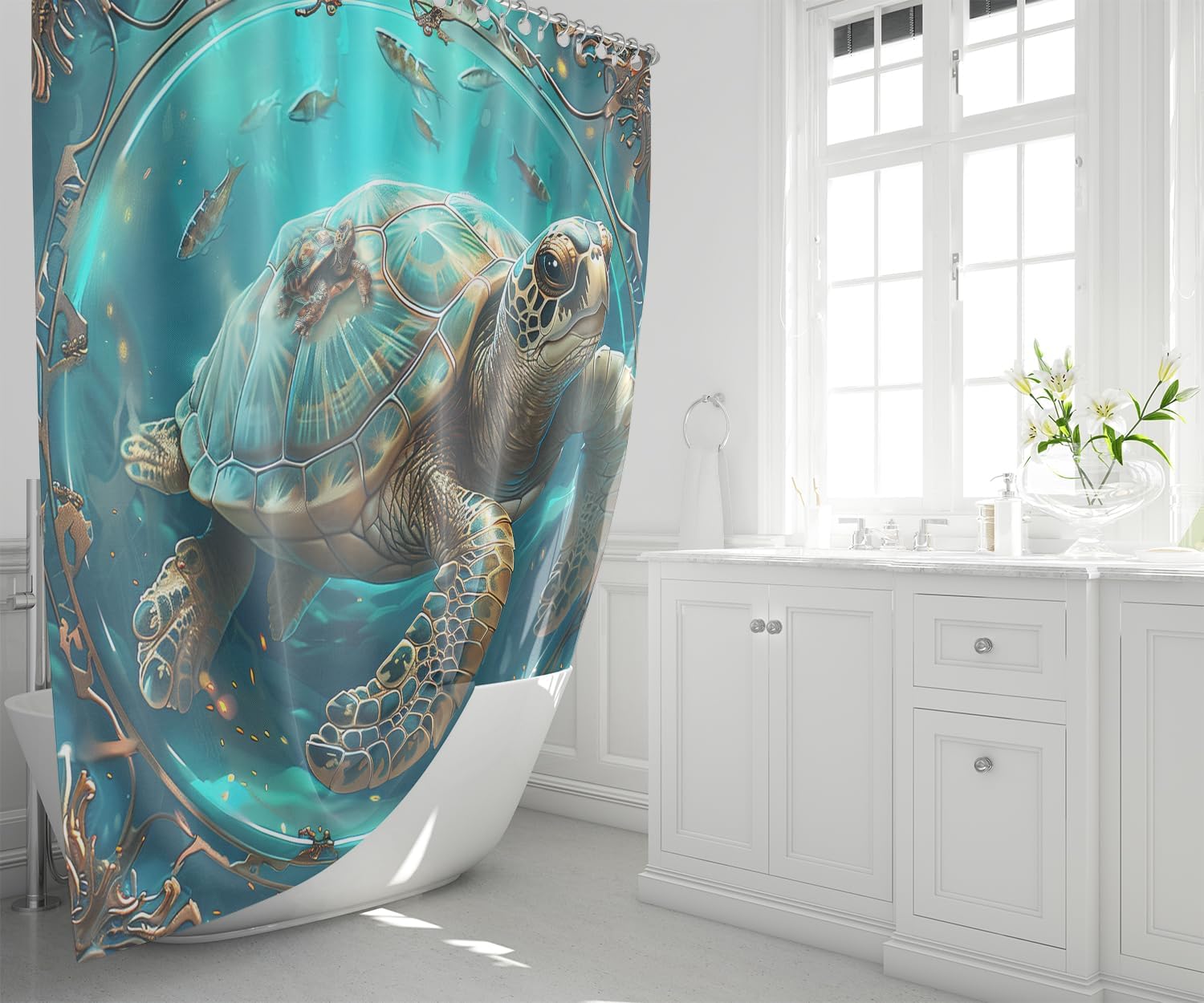 Sea Turtle Shower Curtains - 4 Pcs Kids Shower Curtain Set Ocean Themed Shower Curtain Turtle Shower Curtains for Bathroom Turtle Bathroom Accessories with Rug,and Bath Mat with 12 Hooks - Image 6