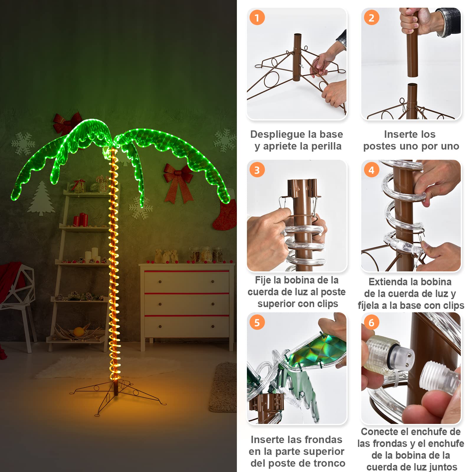 COSTWAY Palmera Tropical LED 136/138 cm, Palmera Artificial con Luces LED y Palos Sólidos, Palmera Iluminada con Base Plegable, Palmera Decorativa para Casa Fiestas y Navidad (175 x 120 x 218 cm)