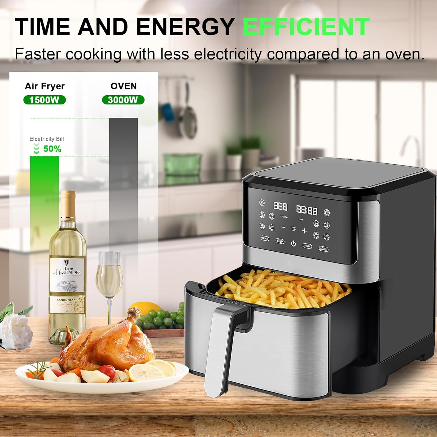 Air Fryer 8 Qt Family Size, One-Touch Digital Control Presets, French Fries, chicken, Meat, fish, Nonstick Dishwasher-Safe Parts, Nonstick Basket, Stainless Steel
