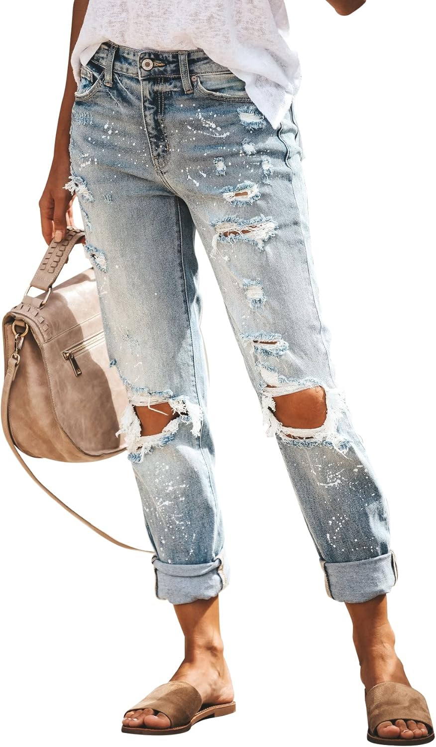 KUNMI Women's Ripped Mid Waisted Boyfriend Jeans Loose Fit Distressed Stretchy Denim Pants - Image 3