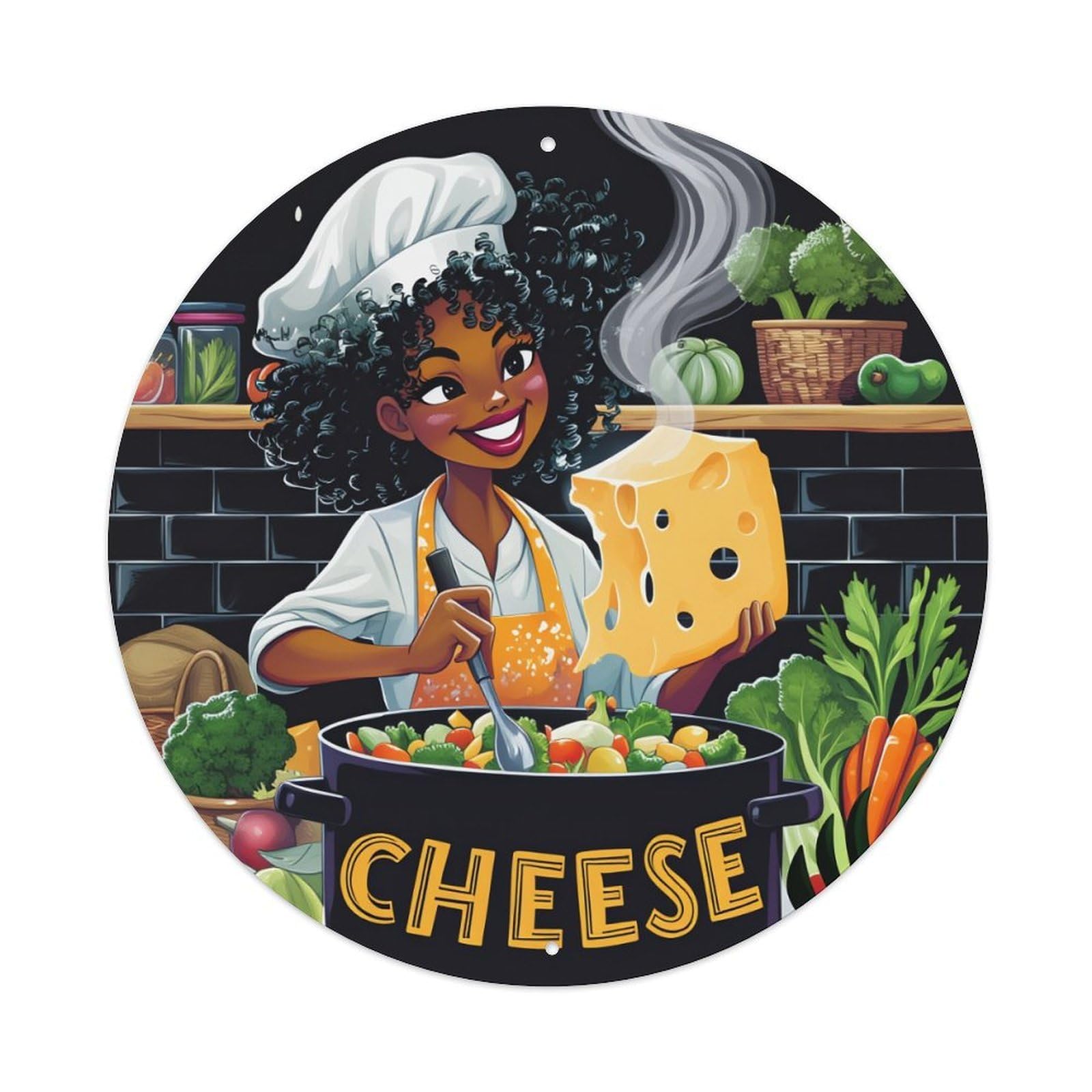 Cheese Chef Cooking Vegetables Pot Round Tin Sign Vintage Metal Poster, Home Bar Garage Man Cave Cafe Indoor & Outdoor Wall Decoration 8x8Inches