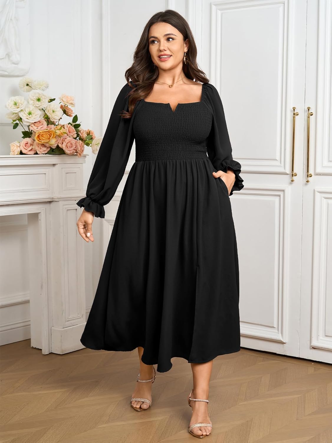 SCOMCHIC Womens Plus Size Maxi Dress Long Sleeve Square Neck Smocked Wedding Guest Flowy Split Fall Dresses with Pockets - Image 3