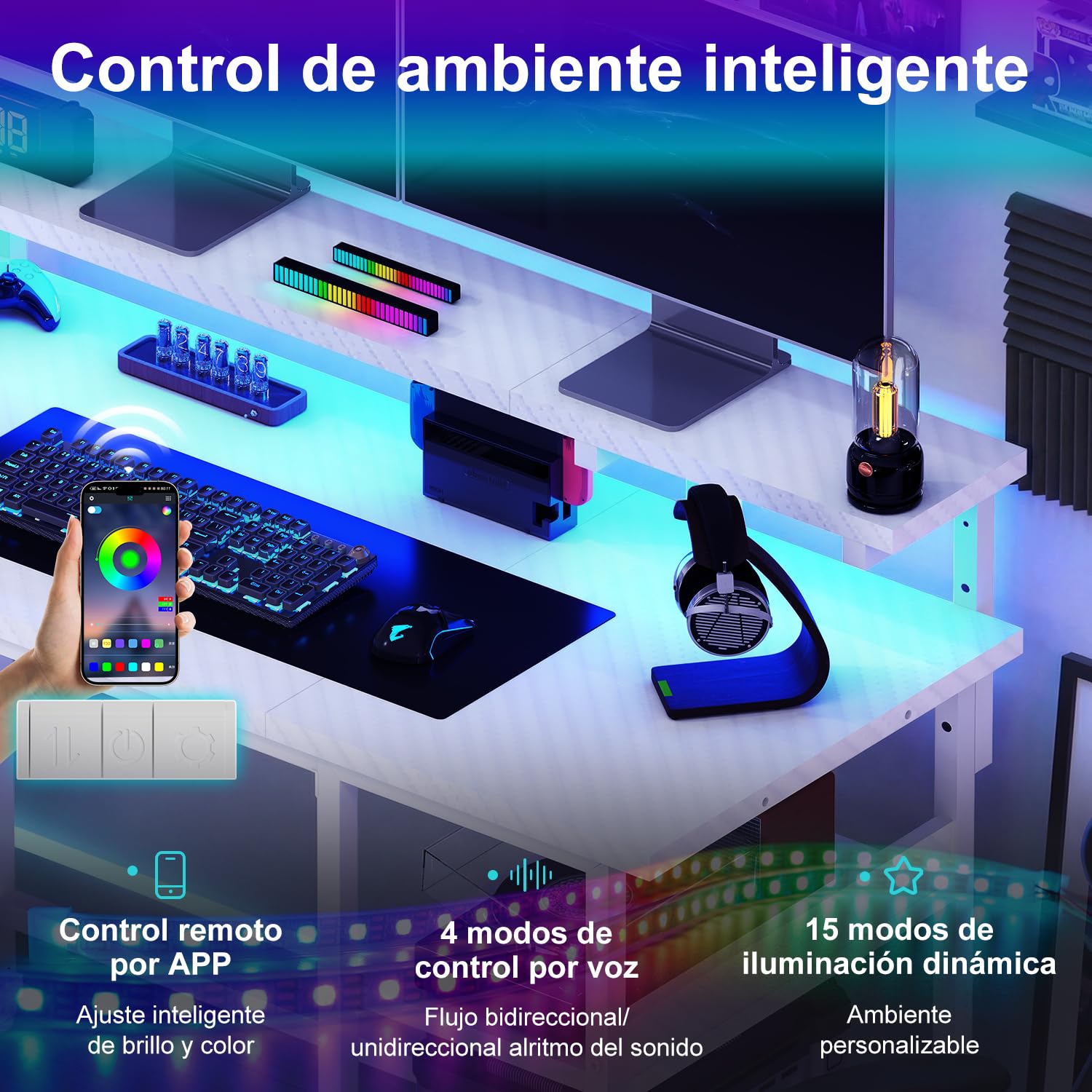 JUMMICO 135cm Mesa en Forma L con Luces LED, Escritorio de Esquina Ordenador para Home Office, Mesa Gaming con Estantes de Almacenamiento, Esquina Reversible y Estructura Estable, Blanco Carbón | Escritorio Gaming Tomas de Corriente y Puertos USB, Escrito