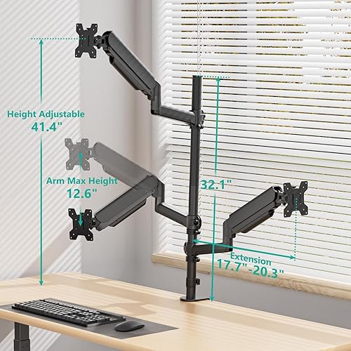 Miniatura 5 de WALI Soporte de monitor triple para pantallas de 17 a 32 pulgadas, soporte de escritorio de 3 monitores totalmente ajustable con abrazadera y base