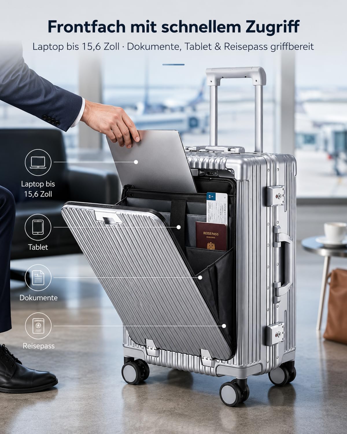 LANMOU Valigia da Cabina Rigida 56 cm, Telaio In Alluminio e PC, Argento | Trolley da Cabina con 4 Ruote, Serratura TSA, Porta USB, Portabicchieri, 56 x 35 x 23 cm