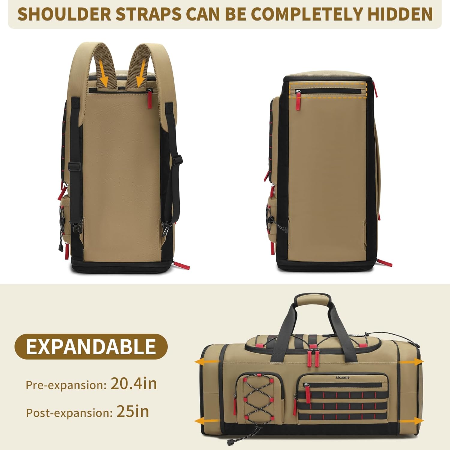 Bosstin Gym Bag for Men & Women,45L Travel Duffle Sports Duffel Bag Gym Weekender Overnight Backpack with Shoe Compartment (Khaki) - Image 4