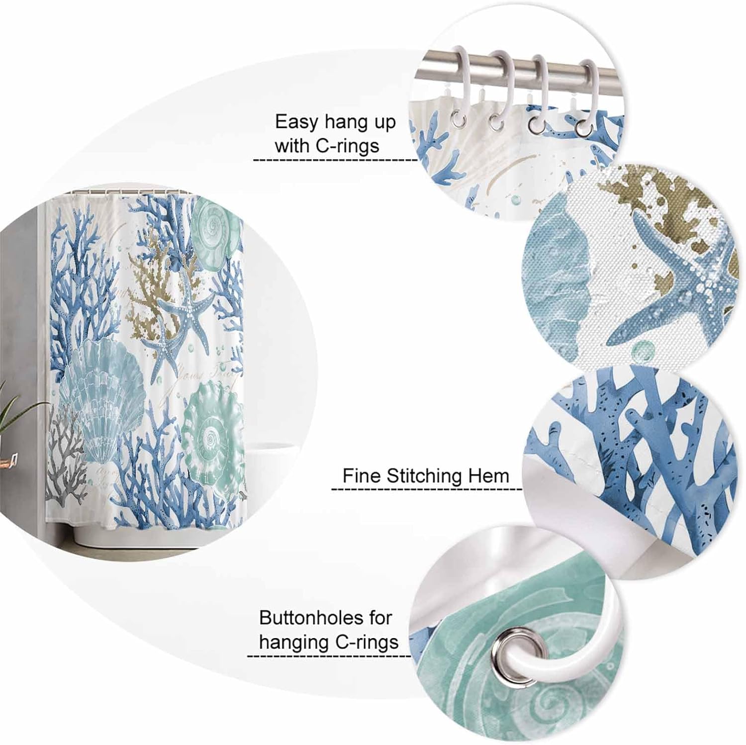 Blue Teal Coastal Shower Curtain, Stall Shower Curtains for Bathroom/Bathtub, Summer Beach Nautical Coral Starfish Waterproof Fabric Bathroom Curtain Set with 12 Hooks, Extra Long 72" x 96"
